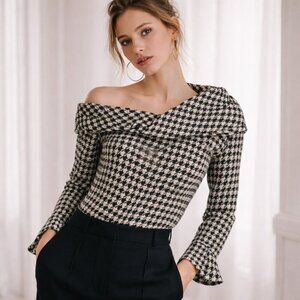 Hellessy New York Off the Shoulder Top Sculptural Neckline Textured Houndstooth